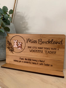 “SOME BUNNY THINKS YOU’RE A WONDERFUL TEACHER" PLAQUE WITH STAND AND BUNNY STUDS